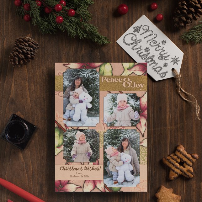 Cartes Pour Fêtes Annuelles Peace & Joy, rose et or Poinsettia Photo (Peace & Joy, Pink, Gold Poinsettia Photo Holiday Card)