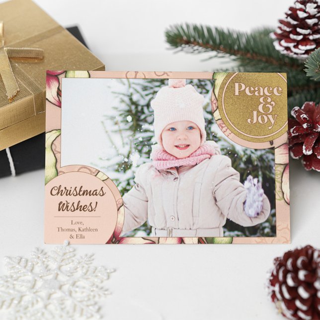 Cartes Pour Fêtes Annuelles Peace & Joy, Rose, Gold Poinsettia Photo (Peace & Joy, Pink, Gold Poinsettia Photo Holiday Card)