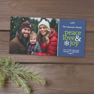Cartes Pour Fêtes Annuelles Peace Love and Joy - photo horizontale bleu vert