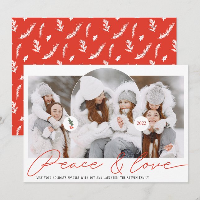 Cartes Pour Fêtes Annuelles Peace love arche moderne 3 photos écriture rouge (Devant / Derrière)