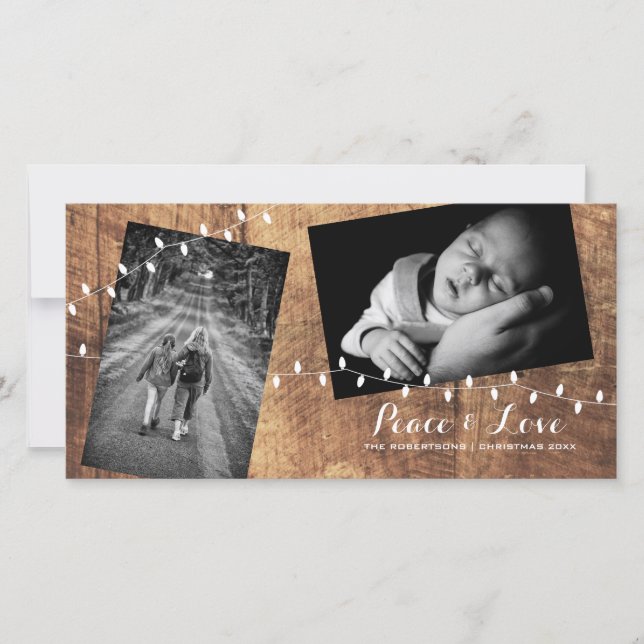 Cartes Pour Fêtes Annuelles Peace Love Christmas Strewn Photos Wood Lights (Devant)