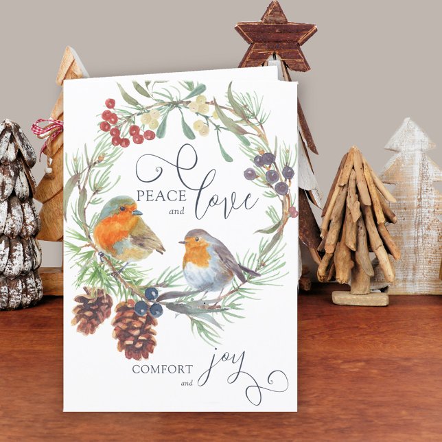 Cartes Pour Fêtes Annuelles Peace Love Comfort Joie Noël Wreath Nature (Red Robin traditional Christmas Card. Buy professionally printed or as printable digital download.)