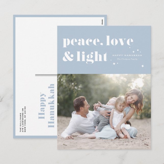 Cartes Pour Fêtes Annuelles Peace Love et Light Blue Hanoukka Photo (Devant / Derrière)