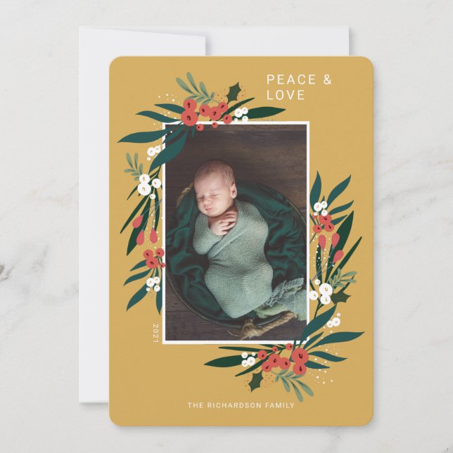 Cartes Pour Fêtes Annuelles Peace & Love Festive Cranberry & Foliage Photo (Devant)