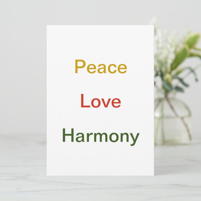 Cartes Pour Fêtes Annuelles Peace Love Harmony or rouge vert (Debout devant)