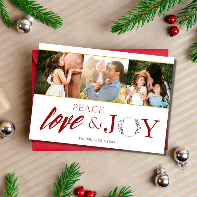 Cartes Pour Fêtes Annuelles Peace Love Jove Three Photo Famille Noël (Peace Love Joy Three Photo Family Christmas Holiday Card)