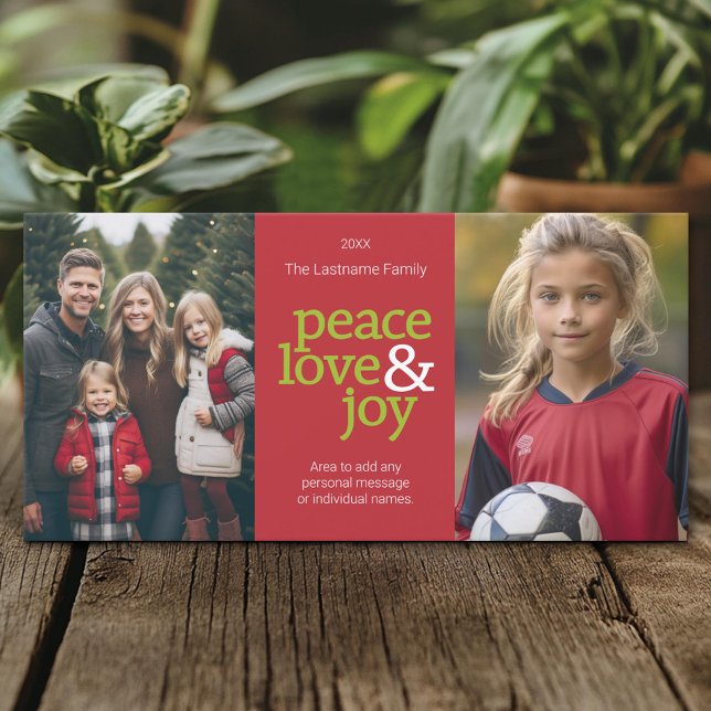 Cartes Pour Fêtes Annuelles Peace Love & Joy - 2 Photos Rouge et Vert (Create A Personal Holiday Photo Card)