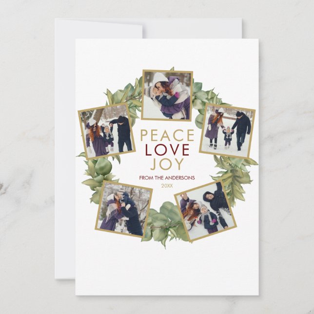 Cartes Pour Fêtes Annuelles Peace Love Joy 5 Photo Greenery Wreath Noël (Devant)