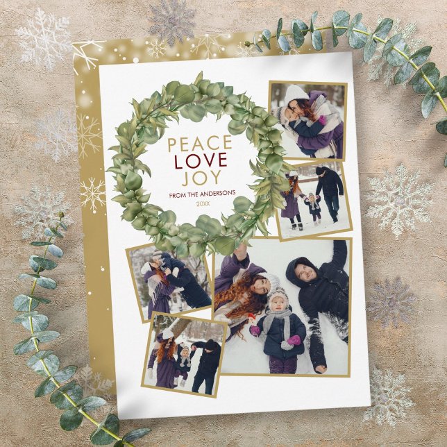 Cartes Pour Fêtes Annuelles Peace Love Joy 5 Photo Greenery Wreath Noël (Peace Love Joy 5 Photo Greenery Wreath Christmas Holiday Card)