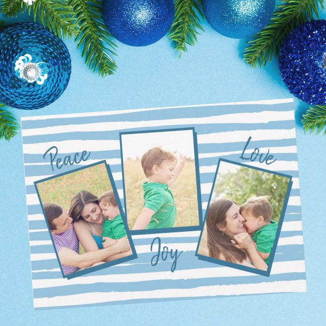 Cartes Pour Fêtes Annuelles Peace Love Joy | Blue 3 Photo Noël (Créateur téléchargé)