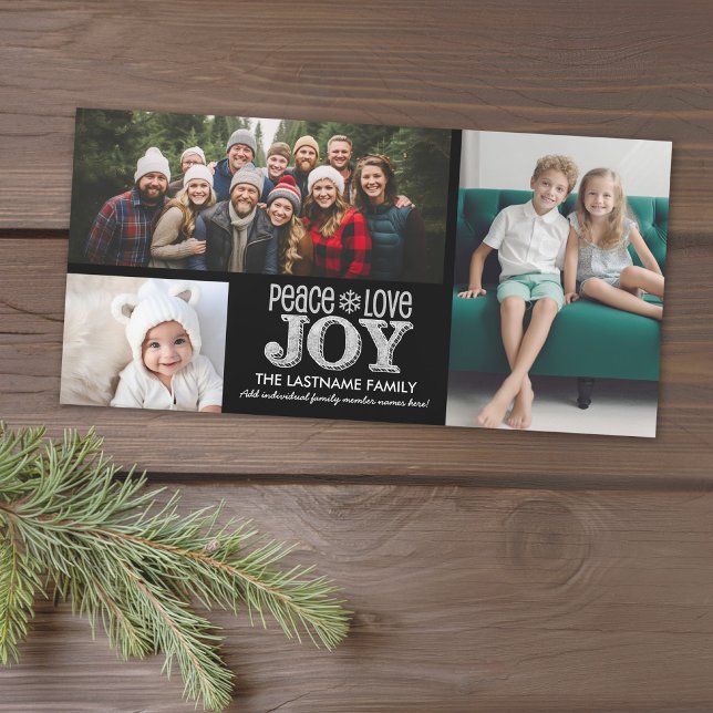 Cartes Pour Fêtes Annuelles Peace Love Joy Chalkboard - 3 photos (Add 3 photos to this classic photo card that can be printed or sent out to friends and family.)