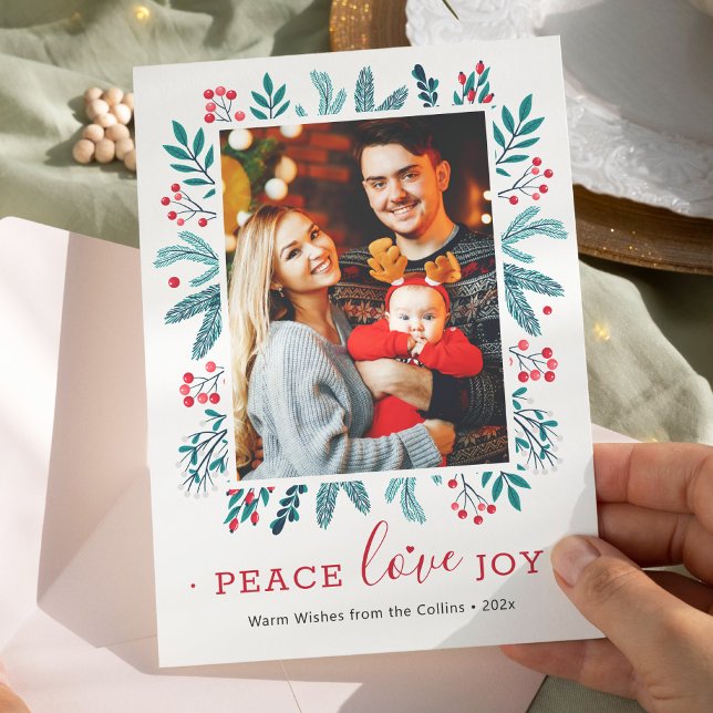 Cartes Pour Fêtes Annuelles Peace Love Joy Christmas Holly Berries Photo (Créateur téléchargé)