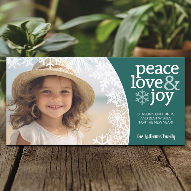 Cartes Pour Fêtes Annuelles Peace Love Joy - Flakes et 1 Photo - Turquoise (Custom Holiday Photo Card)