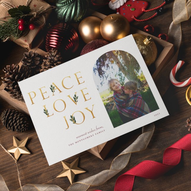 Cartes Pour Fêtes Annuelles Peace Love Joy Golden Photo (Créateur téléchargé)