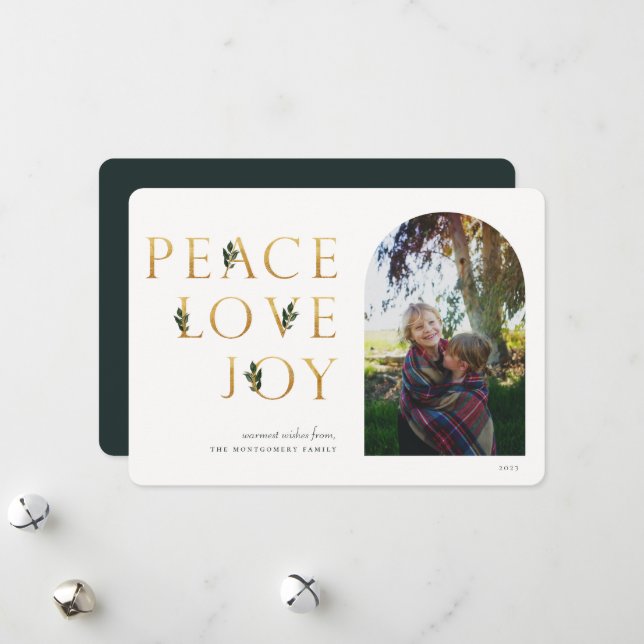 Cartes Pour Fêtes Annuelles Peace Love Joy Golden Photo (Devant/Arrière en situation)