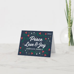Cartes Pour Fêtes Annuelles Peace Love & Joy Modern Red Holly Berries Foliage