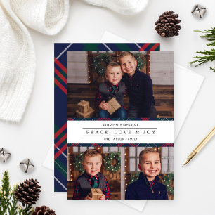 Cartes Pour Fêtes Annuelles Peace Love Joy Navy Tartan Plaid Photo Collage