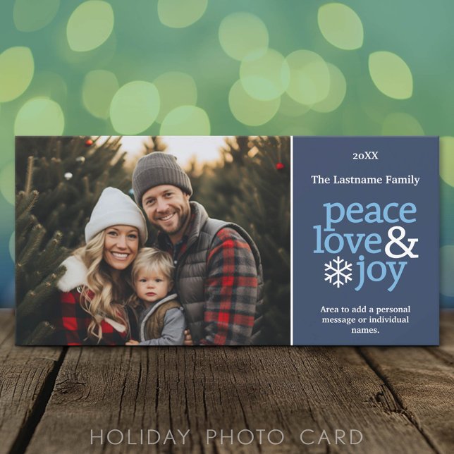 Cartes Pour Fêtes Annuelles Peace Love Joy - Photo Marine Blue (Classic Holiday Photo Card)