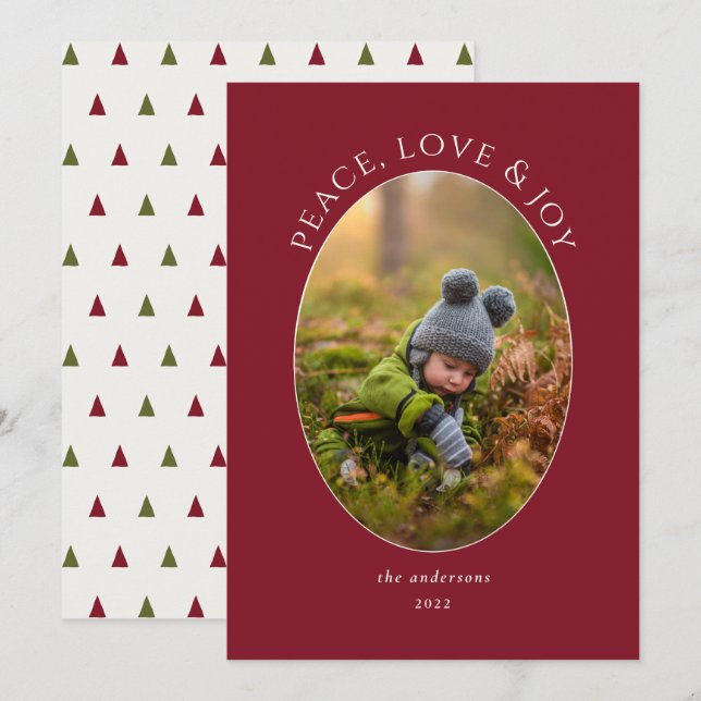Cartes Pour Fêtes Annuelles Peace, Love & Joy Red Photo Holiday (Devant / Derrière)