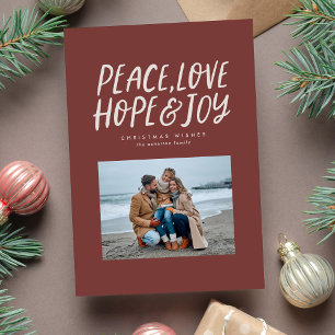 Cartes Pour Fêtes Annuelles Peace love joy rouge deux photos Noël