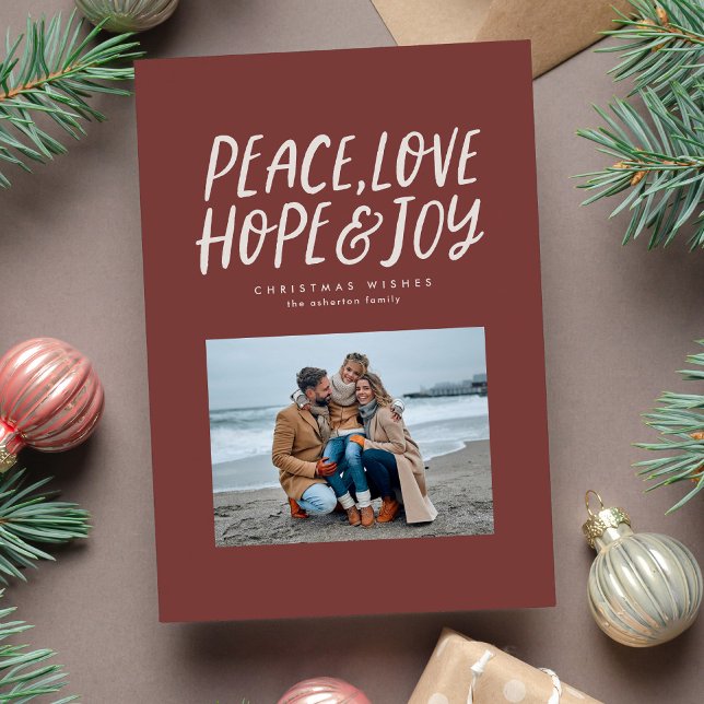 Cartes Pour Fêtes Annuelles Peace love joy rouge deux photos Noël (Créateur téléchargé)