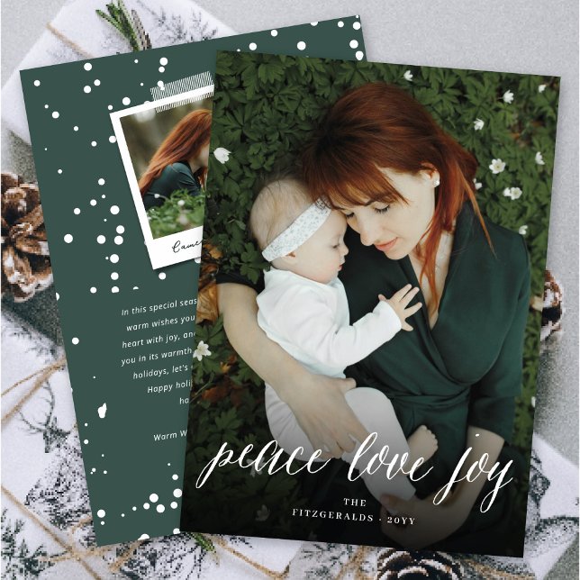 Cartes Pour Fêtes Annuelles Peace Love Joy Simple White Script Photo moderne (Créateur téléchargé)