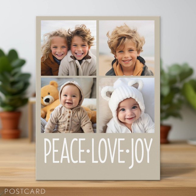 Cartes Pour Fêtes Annuelles Peace Love Joy Taupe - 4 Photo Collage (Holiday Photo Postcard)