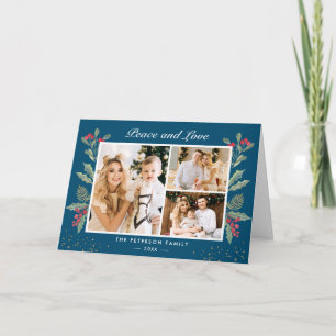 Cartes Pour Fêtes Annuelles Peace Love Winter Blue Christmas Berries 3 Photo