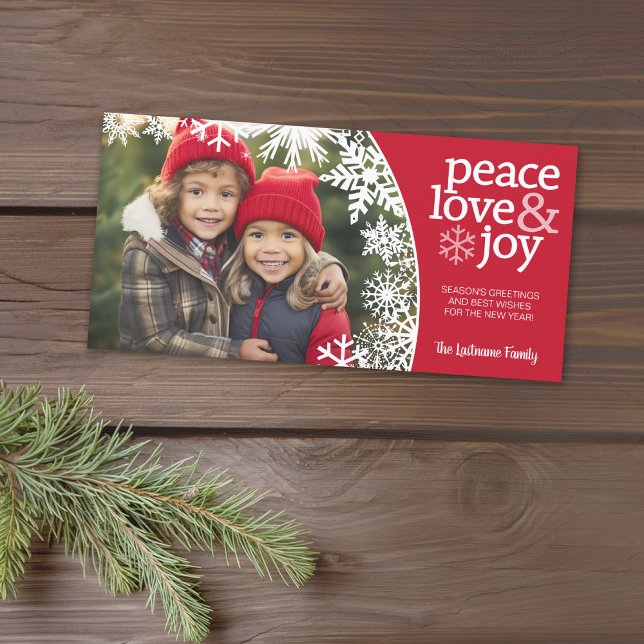 Cartes Pour Fêtes Annuelles Peace Loy Joy Flakes - rouge blanc photo (A photo card with a Christmas theme. Add 2 photos and greeting. Download option available.)