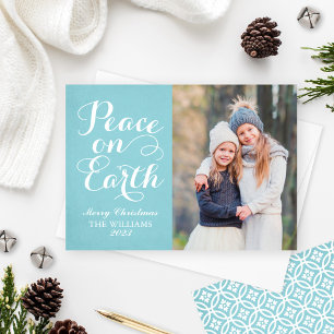 Cartes Pour Fêtes Annuelles Peace on Earth Beau Script Aqua Photo Holiday