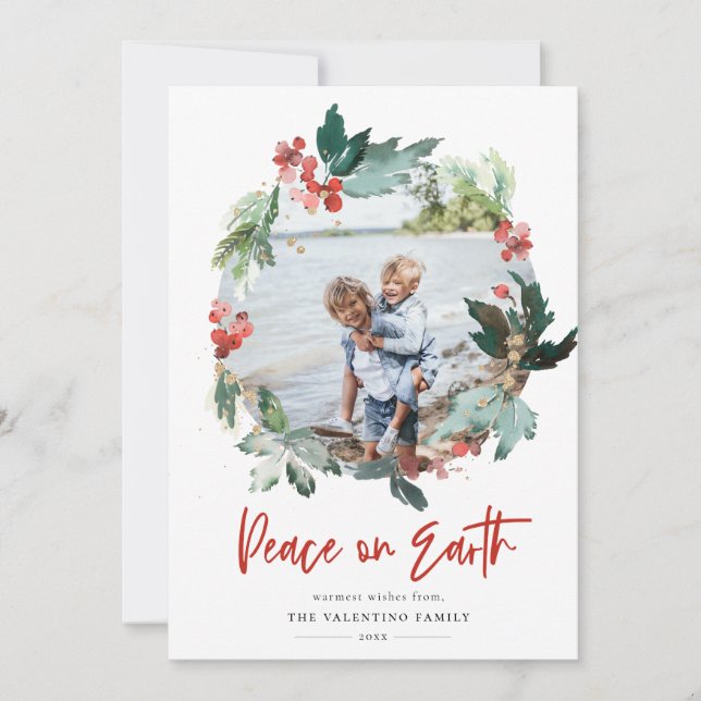 Cartes Pour Fêtes Annuelles Peace On Earth Botanical Berry Wreath Photo (Devant)
