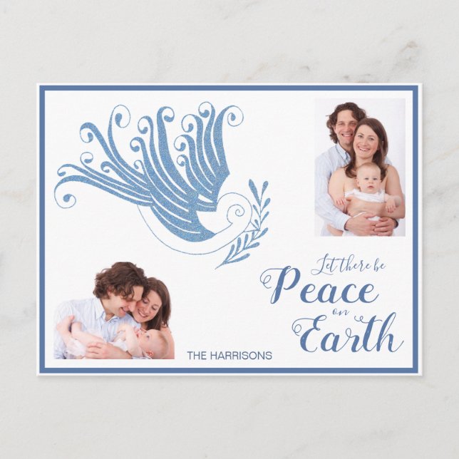 Cartes Pour Fêtes Annuelles Peace on Earth Dove Photo de Noël bleu (Devant)