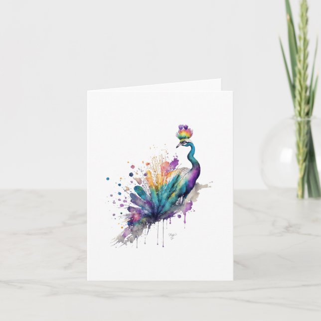 Cartes Pour Fêtes Annuelles Peacock B Bird Portrait en Aquarelles & Stylo (Devant)