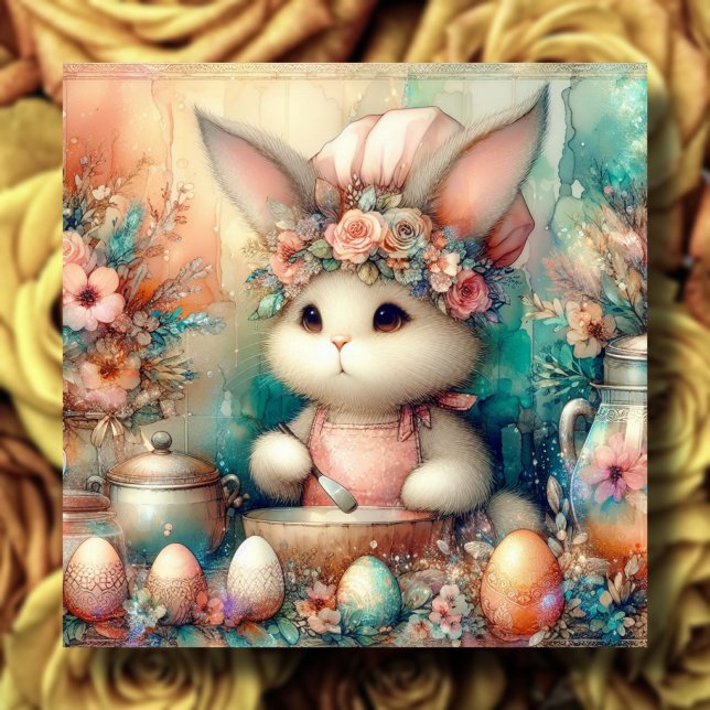 Cartes Pour Fêtes Annuelles Pêcher Turquoise Aquarelle Cuisine Chef Lapin de P (Créateur téléchargé)