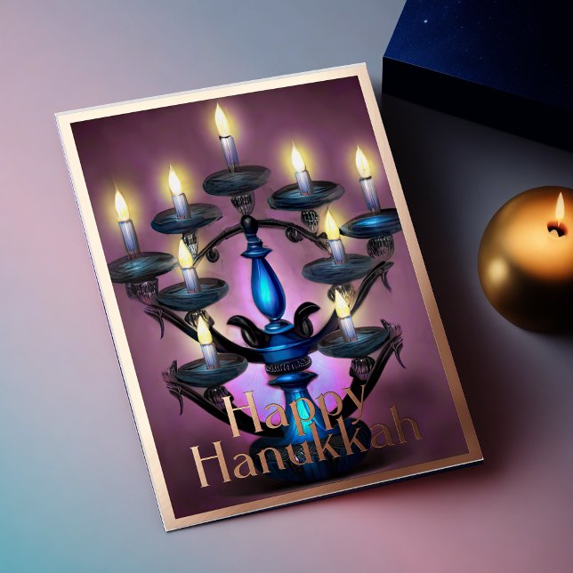 Cartes Pour Fêtes Annuelles Peinture Abstraite de Menorah Gold Purple (Créateur téléchargé)