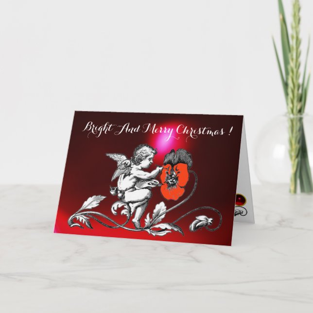 Cartes Pour Fêtes Annuelles PEINTURE D'ANGE FLEURS ROUGES Noir Blanc Noël (Devant)