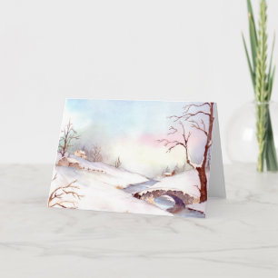 Cartes Pour Fêtes Annuelles Peinture de paysage à l'aquarelle du Pont enneigé