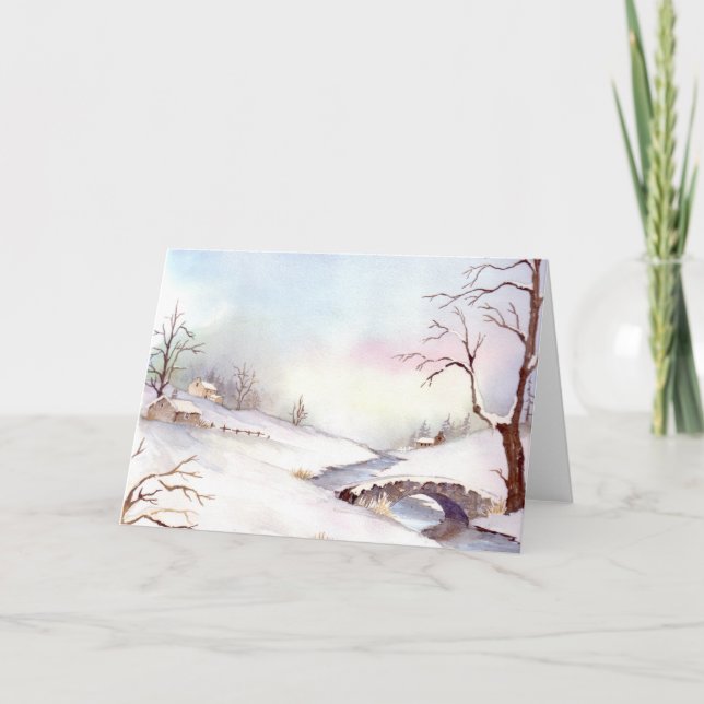 Cartes Pour Fêtes Annuelles Peinture de paysage à l'aquarelle Pont enneigé (Devant)