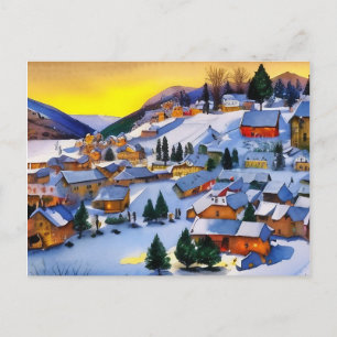 Cartes Pour Fêtes Annuelles Peinture de village en Neige à l'aube