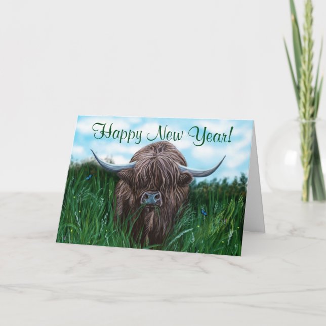 Cartes Pour Fêtes Annuelles Peinture des montagnes écossaise de vache (Devant)