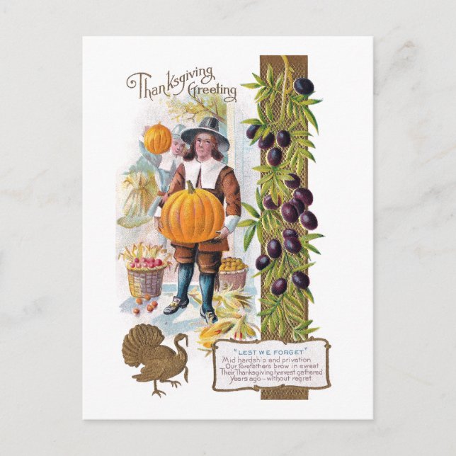 Cartes Pour Fêtes Annuelles Pèlerins, prunes et Citrouille Action de grâces Vi (Devant)