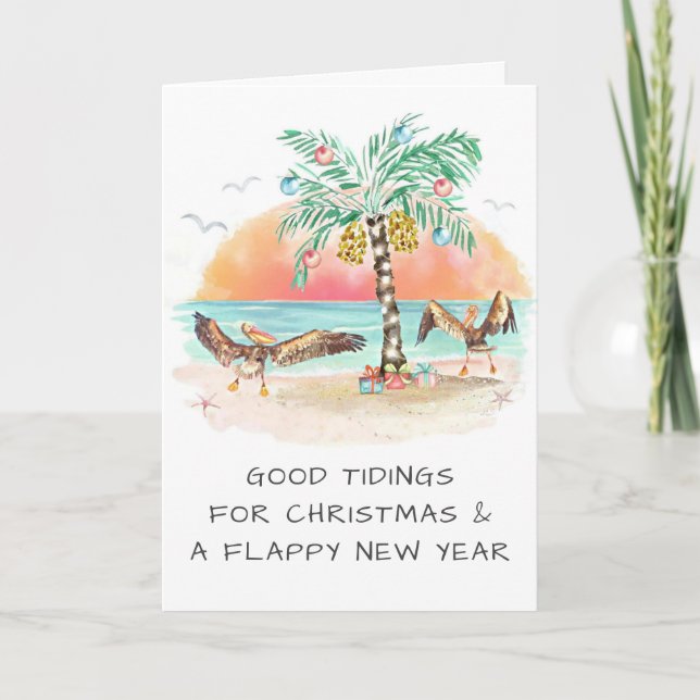 Cartes Pour Fêtes Annuelles Pélicans et Palm Tree Beach Noël côtier (Devant)