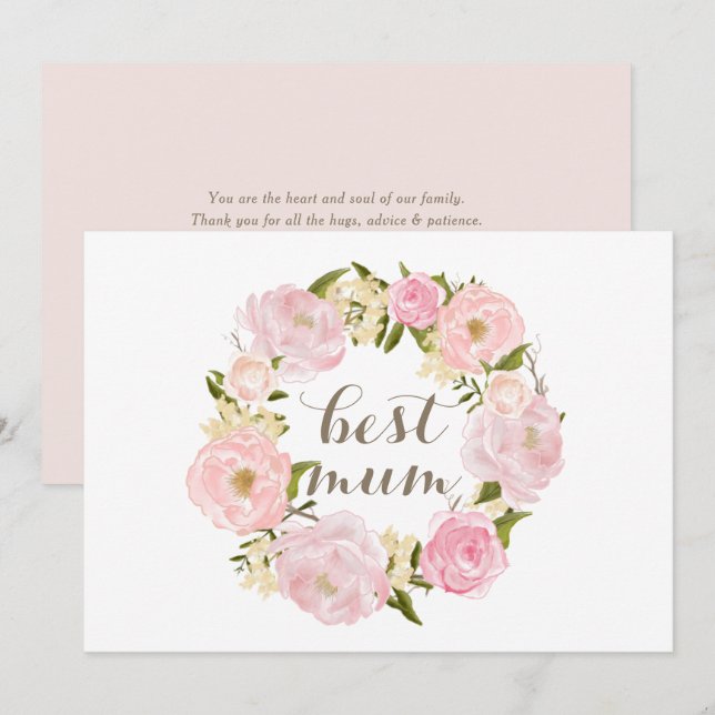 Cartes Pour Fêtes Annuelles Peony rose Wreath meilleure maman Joyeuse fête des (Devant / Derrière)