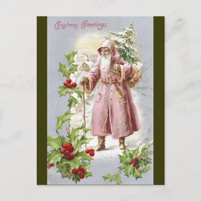 Cartes Pour Fêtes Annuelles père Noël 1916 en manteau rose avec arbre (Devant)