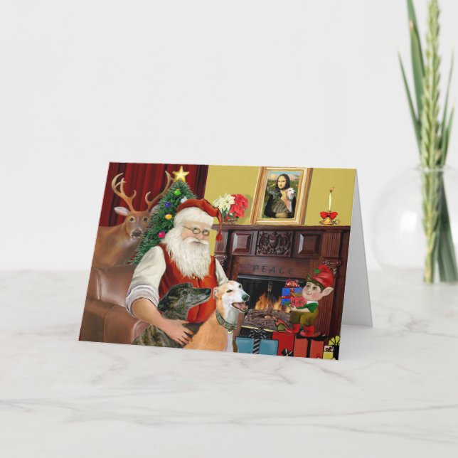 Cartes Pour Fêtes Annuelles Père Noël 2 Greyhounds (Devant)