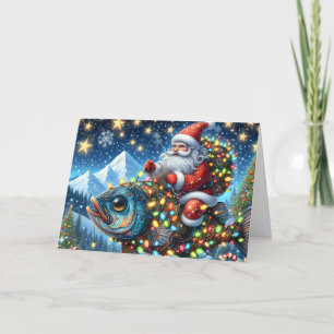 Cartes Pour Fêtes Annuelles Père Noël à cheval sur un poisson de Noël
