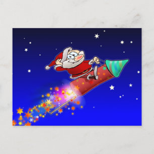 Cartes Pour Fêtes Annuelles Père Noël à cheval sur une fusée de feu d'artifice