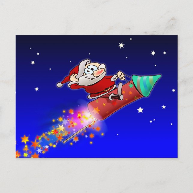 Cartes Pour Fêtes Annuelles Père Noël à cheval sur une fusée de feu d'artifice (Devant)