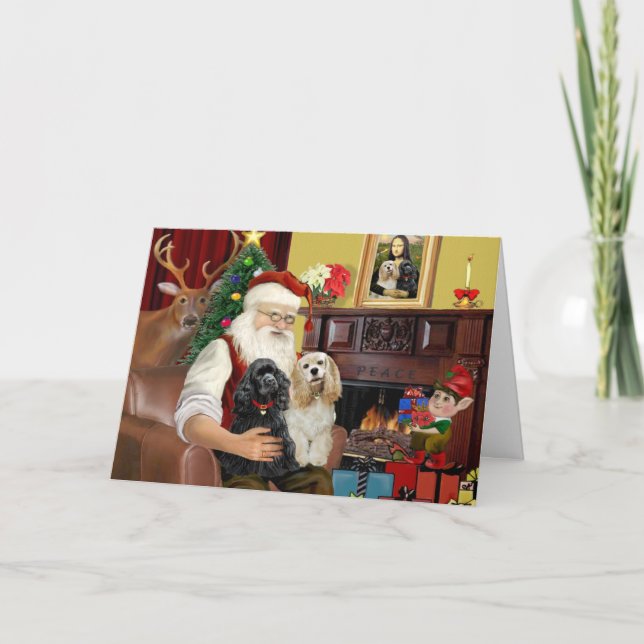 Cartes Pour Fêtes Annuelles Père Noël à la maison - Espagnols Cocker (deux) (Devant)