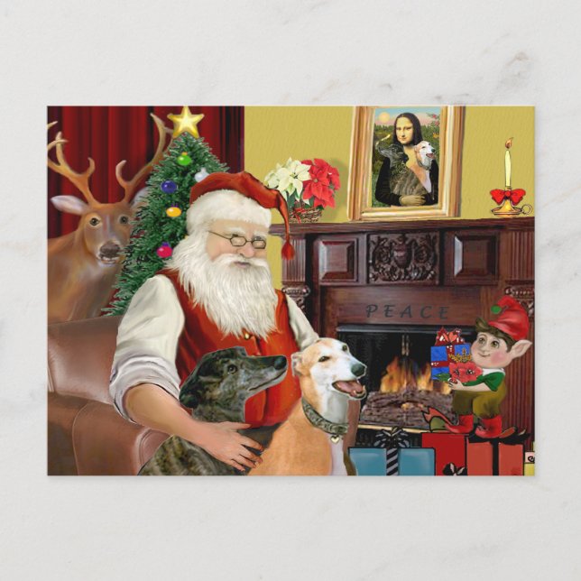 Cartes Pour Fêtes Annuelles Père Noël à la maison Greyhounds (deux) (Devant)